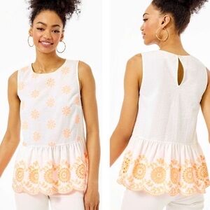 LILLY PULITZER White and Orange embroidered LILLIANA peplum Top size M